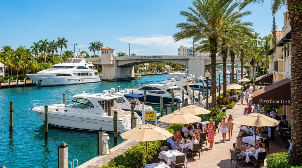 Fort Lauderdale marina with yachts and waterfront dining