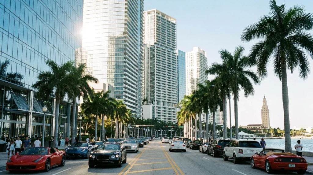 Downtown Miami high-rises lined with palm trees