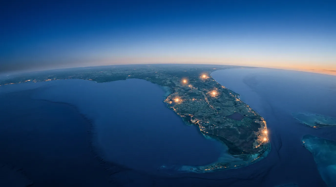 Florida at night seen from above, with city lights along both coasts