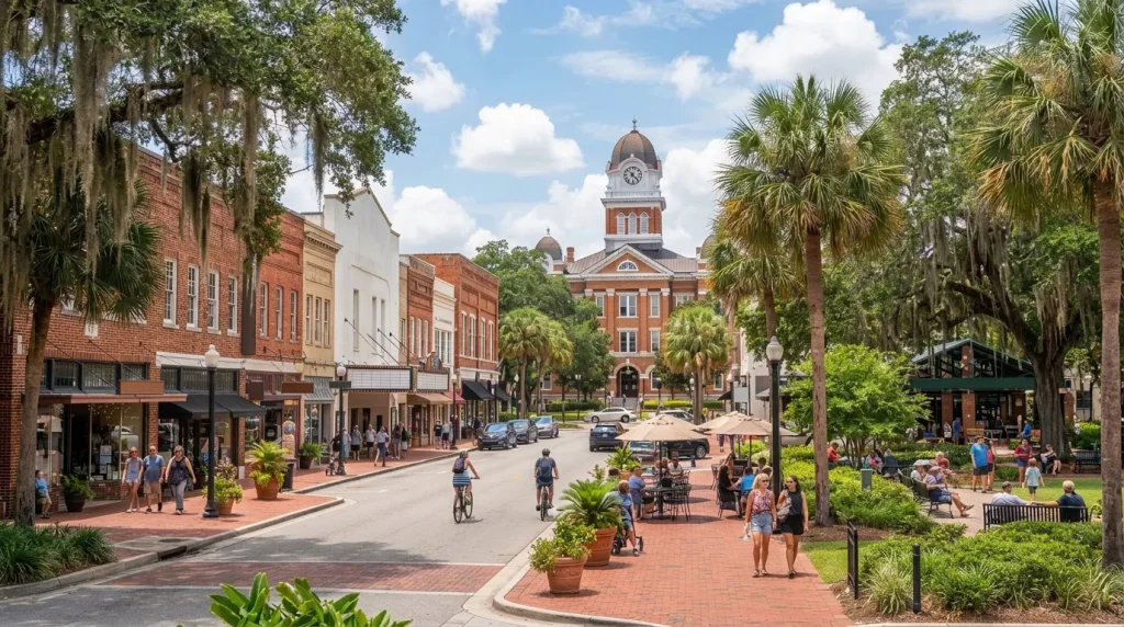Downtown Gainesville, Florida, with brick storefronts, outdoor seating, and a clock tower on a sunny day