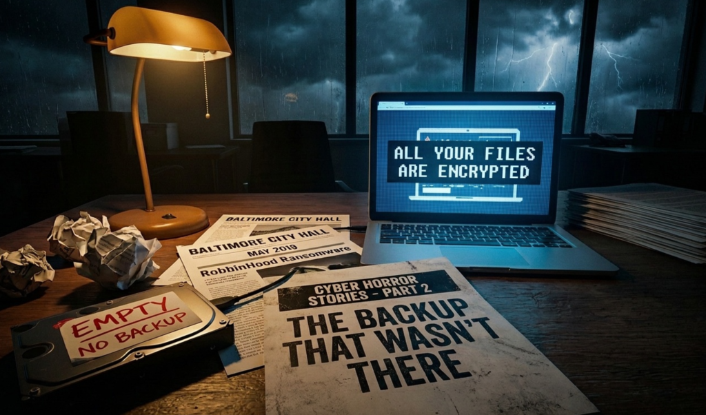 Desk scene with laptop showing 'All your files are encrypted' ransomware message, papers, and a lamp on a stormy night.