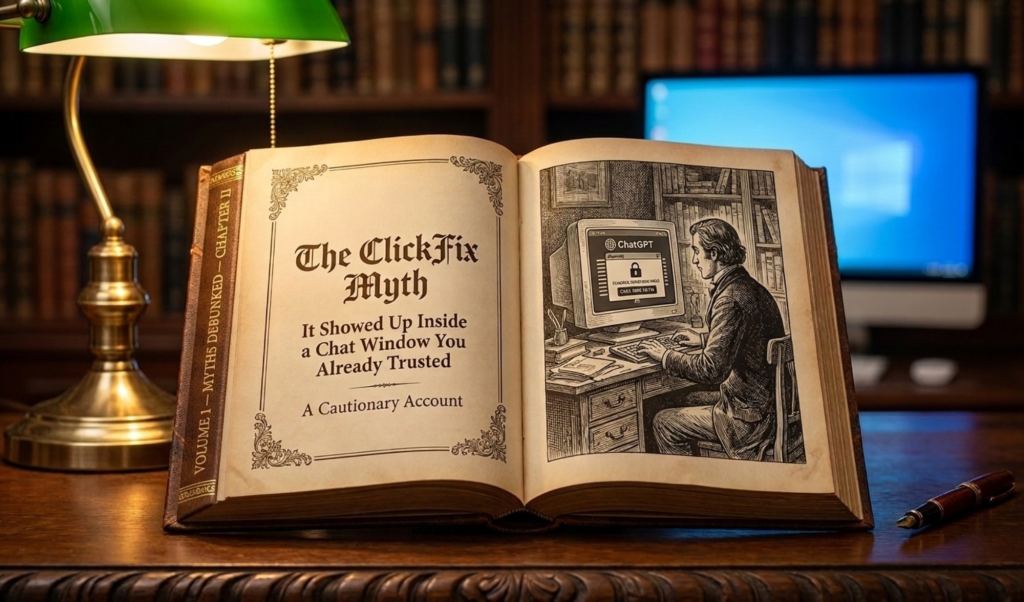 Open vintage book displaying 'The ClickFix Myth' title with a retro illustration of a man at a computer, lamp nearby, bookshelf in the background.