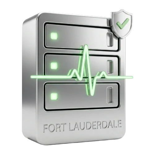 Three-tier metallic server unit with a green heartbeat line and shield check icon; Fort Lauderdale text on the base.