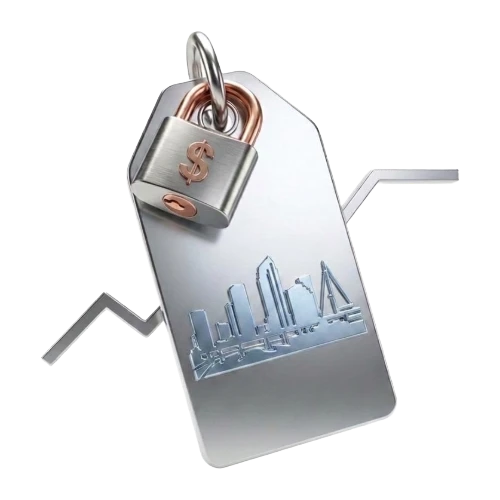Metal price tag with a padlock and a subtle city skyline, signaling financial security.