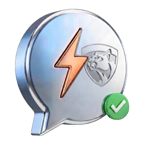 Shiny silver chat-bubble coin with an orange lightning bolt and a shield emblem, plus a green verification check mark.