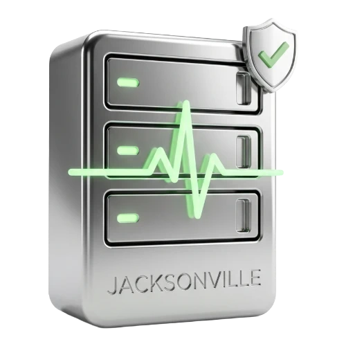 Three-drawer metal server unit with a neon green heartbeat line and Jacksonville engraving at the base, plus a shield with a checkmark.
