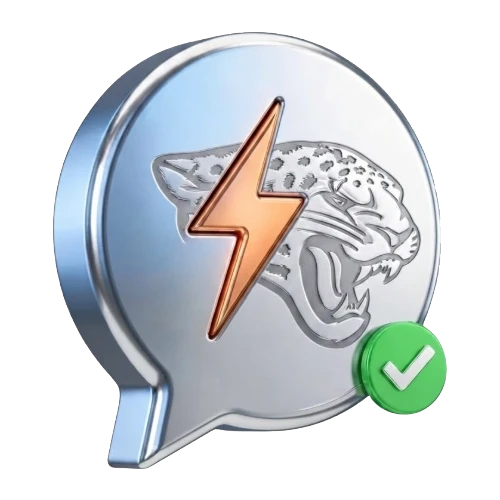 Chat bubble icon featuring a silver jaguar head and orange lightning bolt with a green verification check.