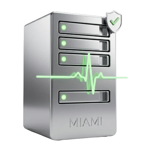 Silver data server with four drive bays, a green heartbeat line crossing the front, a small shield with a checkmark, and the word MIAMI.