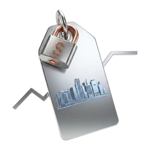 Security concept: a metallic tag with a padlock and a city skyline emblem, symbolizing financial protection or data security.