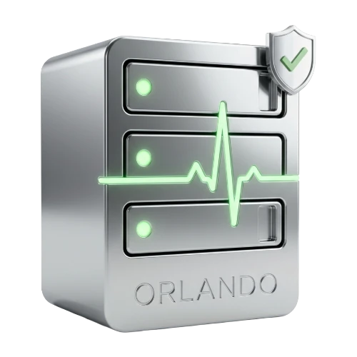 Silver server tower with three drive bays, a green heartbeat line signaling healthy performance, and a shield with a checkmark (Orlando) for security.
