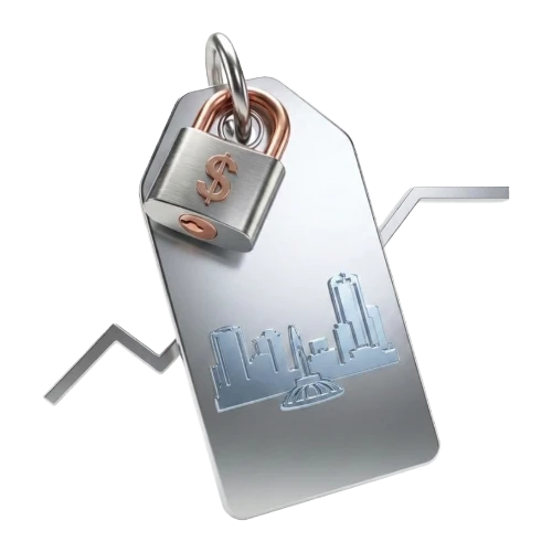 Security tag with a padlock and dollar symbol over a city skyline, symbolizing financial data protection