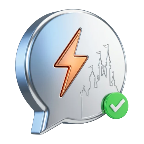 Chat bubble icon featuring an orange lightning bolt and a green verification badge, suggesting approved fast support