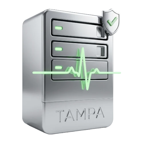 Silver server rack with a green heartbeat line across it and a shield with a checkmark, symbolizing secure data storage (TAMPA).