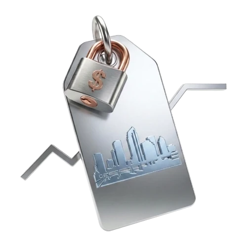 Metal tag with a padlock and city skyline engraving, symbolizing financial security.