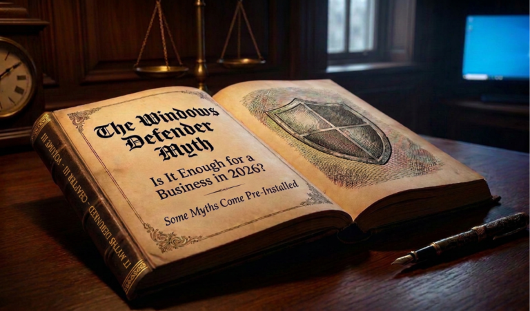 Open antique book titled The Windows Defender Myth on a desk, with scales of justice and a pen nearby.