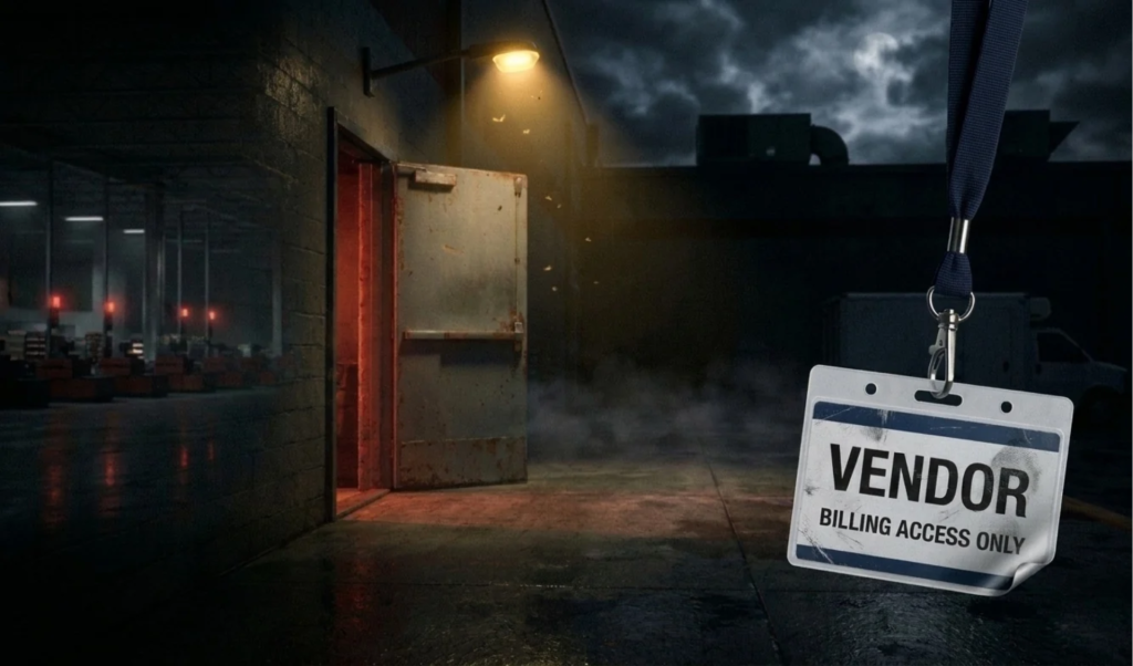 Nighttime warehouse/loading dock with a partially open metal door, a yellow security light, and a foreground sign reading Vendor Billing Access Only.