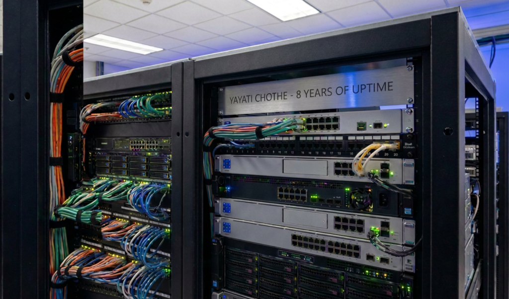 Server rack in a data center with bundled network cables and illuminated equipment panels; badge reads 'YAYATI CHOTHE - 8 YEARS OF UPTIME'